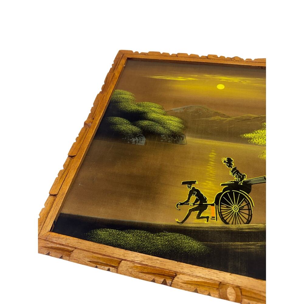 Satin/Cloth Painting mountain moonlight lantern Painting Signed 18" X 15" - Picture 4 of 8